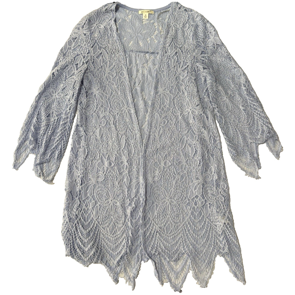 Miami Womens Med Blue Crochet Sheer Lace Cardigan Sweater BOHO Cottagecore Fairy